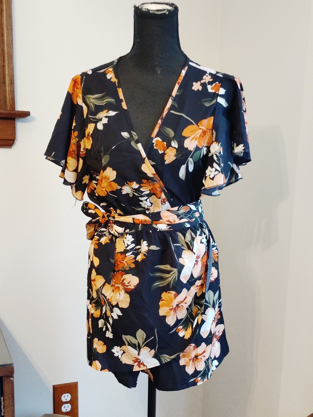 Floral Wrap Romper in Blue and Orange